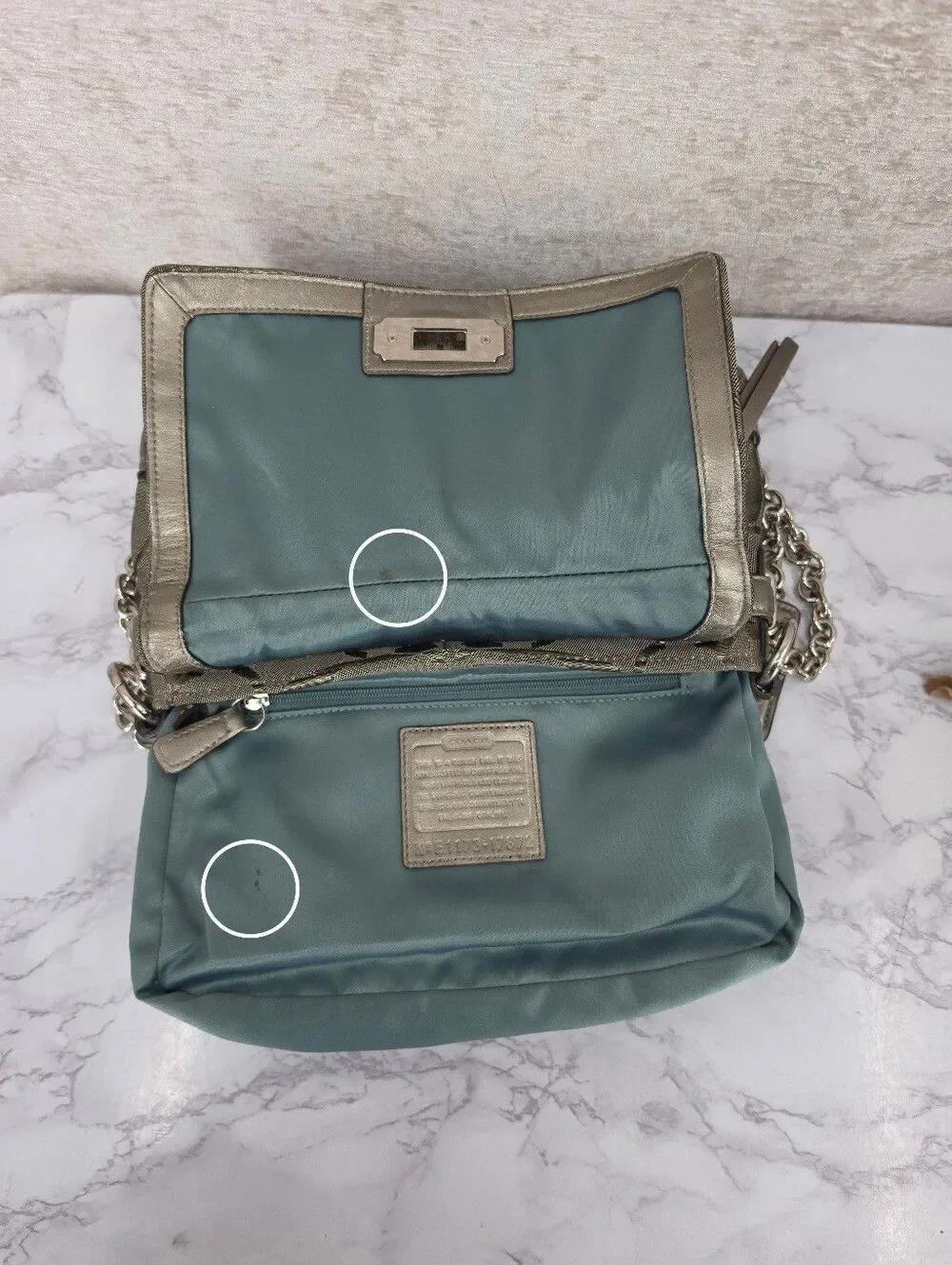 Coach Signature Canvas Jacquard Shoulder Bag in Metallic Pewter Chain Straps